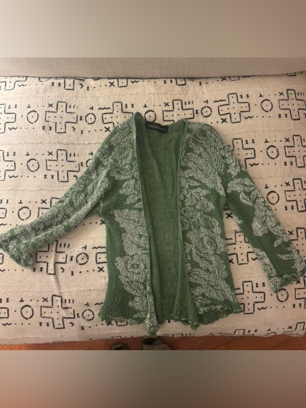 Green Floral Open-Front Knit Cardigan